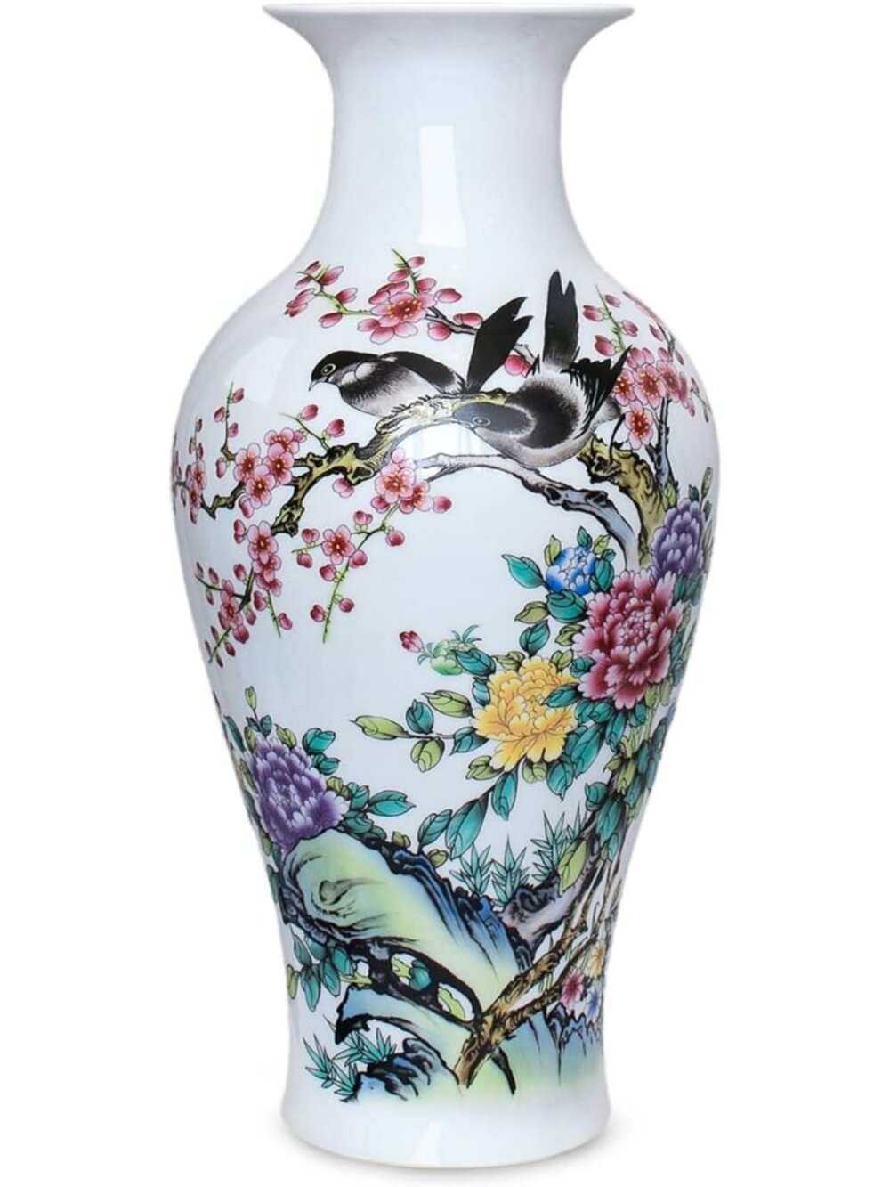 Handmade Chinese Porcelain Flower Vase, 14.5" Rouleau Shape, Peony & Birds